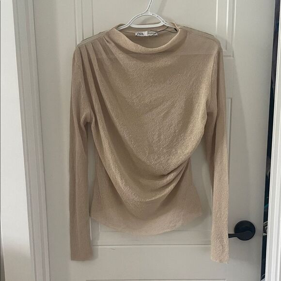 Zara Tan Ruched Long Sleeve Top - Picture 1 of 5